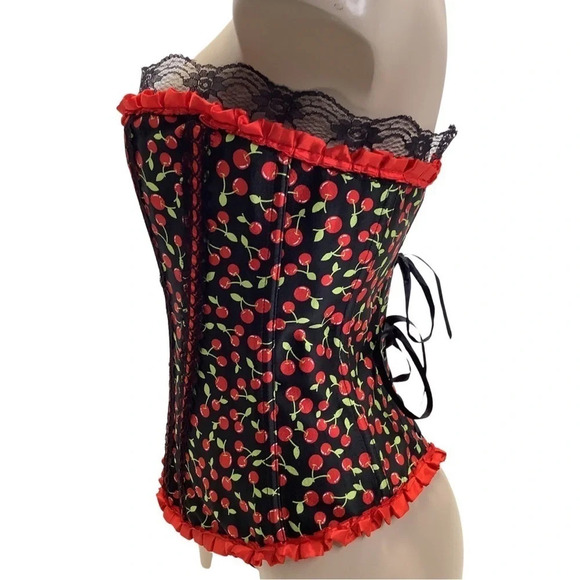 Cherry Print Size Small Satin & Lace Trim, Includes Satin Black Thong. New - Picture 3 of 6
